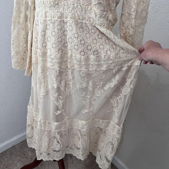Reba Midi Beige Antique Lace Dress Women Large Romantic Boho Long Sleeve - Picture 3 of 9